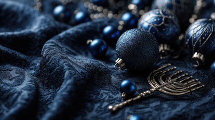 Naklejka premium Festive Blue Ornament: A captivating shot of holiday decorations, capturing the essence of winter festivities.