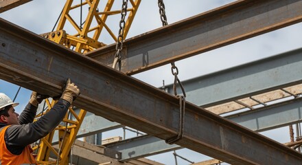 Naklejka premium Construction worker lifting steel beam with crane in urban setting 