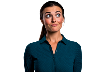 Brunette Woman with Doubtful Expression Looking Sideways, cut out transparent