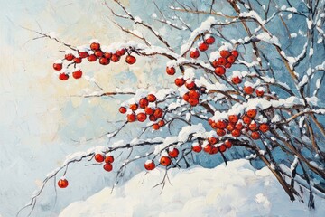 Snowy branches cradling vibrant red berries in serene winter scene