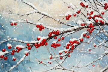 Snowy branches cradling vibrant red berries in serene winter scene