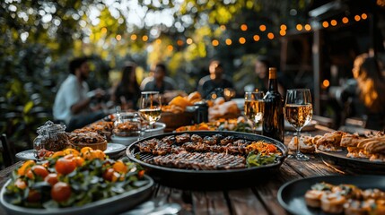 Outdoor garden party with delicious food and friends