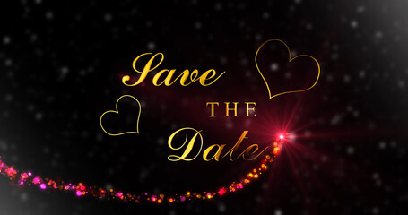 Beautiful luxurious royal Save The Date wedding marriage announcement bg. Engagement bg with blur motion particles and fairy dust reveal gold lettering. Greeting card poster decoration with hearts.