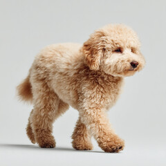 Playful poodle walking gracefully studio space animal photography bright environment side view pet concept