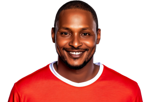 African man smiles wearing red top, friendly expression, cut out transparent