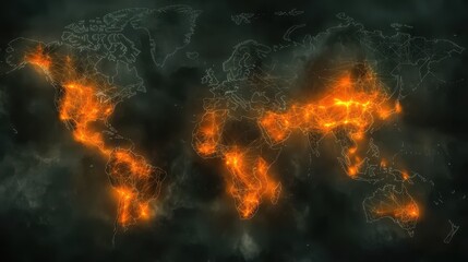 Fototapeta premium Global blaze conceptual world map representing widespread environmental danger impacting countries territories and ecosystems vulnerability