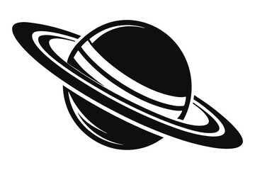 Bold planet art in black orbits with rings circling a celestial body