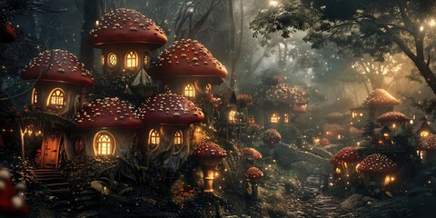 Mystic place-mushroom houses in the forest