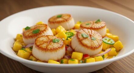 Seared Scallops with Mango Salsa on White Plate
