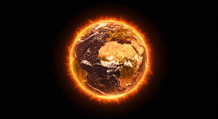 A digitally image of Earth glowing with fiery, orange, and yellow tones