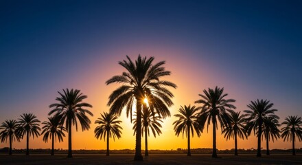Silhouette of Palm Trees at Sunset in a Desert Landscape