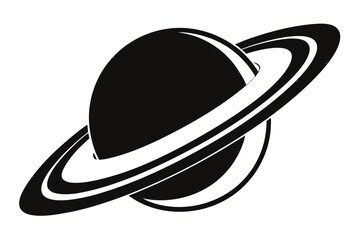 Isolated black planetary object featuring prominent rings orbits in space, evoking astronomical themes