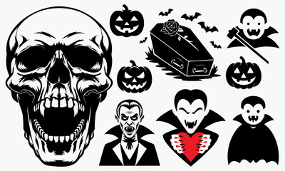 Set of Halloween icons. Skulls, vampire, bat, coffin, skull, bat, candy, skull, pumpkin.