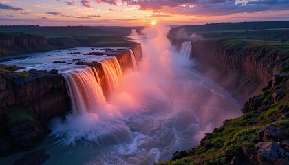 Fototapeta premium Majestic Waterfall Sunset Panorama: A Breathtaking View of Nature's Power and Serenity