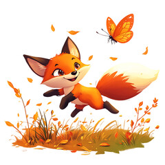 Cartoon Fox Chasing a Butterfly Over Field Isolated on Transparent Background