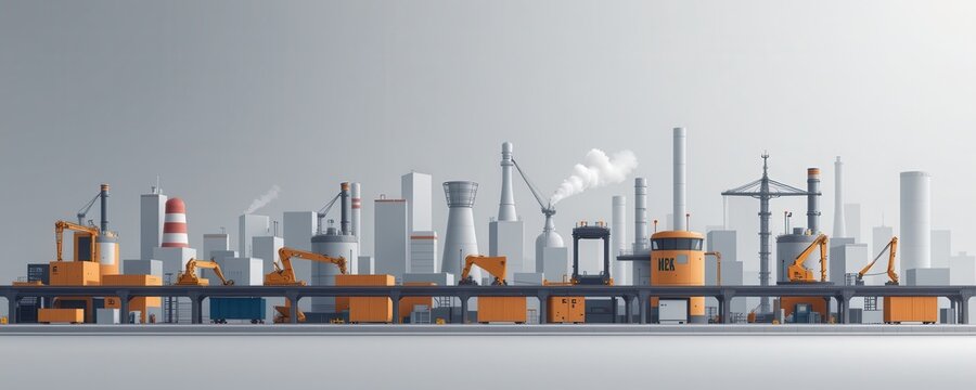autonomous factory, ai controlled production line, 3d illustration soft factory gray background, natural daylight