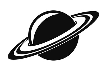 A black and white planet shows rings orbiting in a simple design