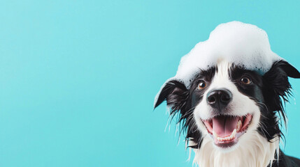 A fluffy border collie dog with soap foam bubbles on its head smiles enjoys bath time happy on light blue background. fun pet grooming hygiene playful cute poster