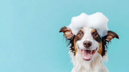 A fluffy border collie dog with soap foam bubbles on its head smiles enjoys bath time happy on light blue background. fun pet grooming hygiene playful cute poster