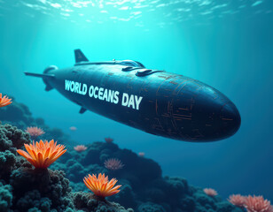 World oceans day submarine exploring coral reef with vibrant marine life
