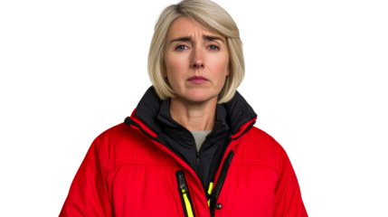 Worried looking woman in red winter jacket, cut out transparent