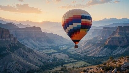 Fototapeta premium Sunrise Hot Air Balloon Flight Over Majestic Mountains