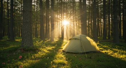 Sunrise in a Pine Forest with a Green Tent