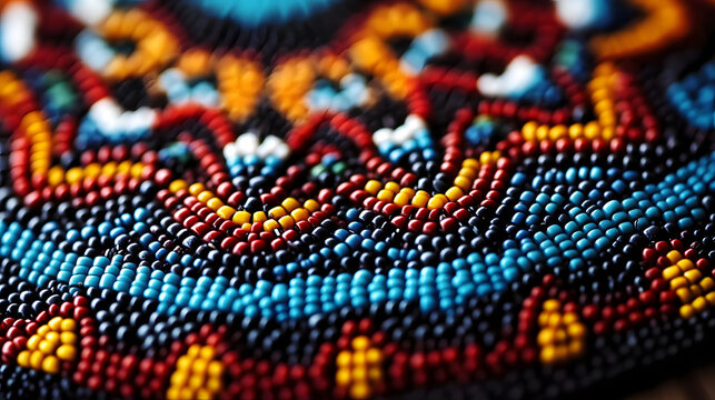 Close-up of intricate Native American beadwork background with empty space for text