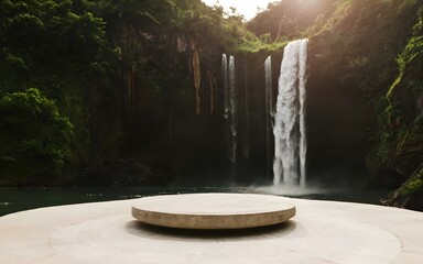 Nature backround for product placement, 3D waterfall landscape mockup backdrop for product and cosmetic presentation, backdrop photo for package or packaging box container