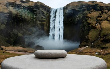 Nature backround for product placement, 3D waterfall landscape mockup backdrop for product and cosmetic presentation, backdrop photo for package or packaging box container