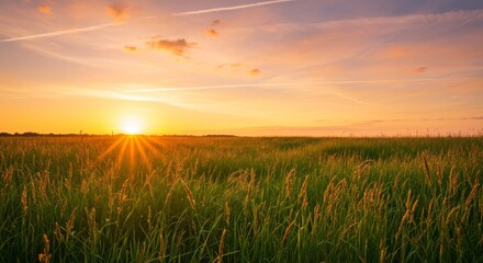 Fototapeta premium Sunset over a Serene Green Field