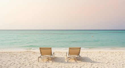 Two Beige Chaise Lounges on a Tranquil Beach with Turquoise Water