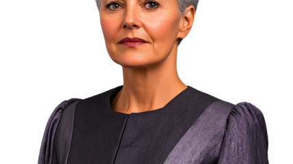 Elegant older woman portrait, stylish gray hair, formal jacket, cut out transparent