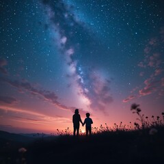 Silhouette of mother and child against a starry sky at sunset, Mother's Day