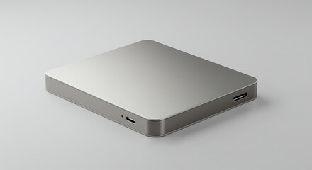 A sleek, minimalist silver or grey metallic external SSD, portable hard drive, or tech hub device, featuring a brushed aluminum finish, is showcased in a clean product shot on a light grey background.