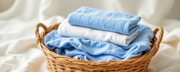 clean laundry basket with neatly folded clothes, 3d illustration, soft linen background, natural daylight