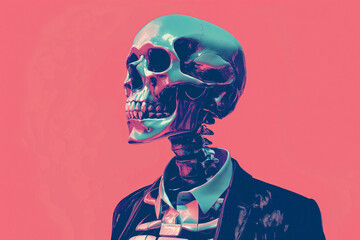 A surreal illustration of a stylish skeleton dressed in a suit with a striking color contrast. Generative AI