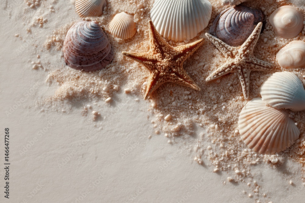 Poster seashells and starfish scattered across soft pale beach sand create a serene coastal experience gene