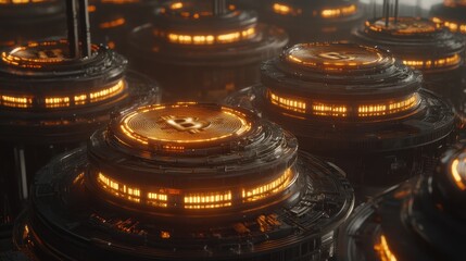 Futuristic glowing machines concept abstract industrial equipment steampunk dark scene energy innovation power generation illustration