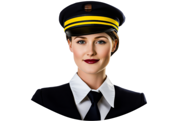 Attractive young stewardess smiles confidently, cut out transparent