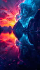 Fototapeta premium Vibrant Sunset over Mountains Reflected in Still Water a Surreal Landscape