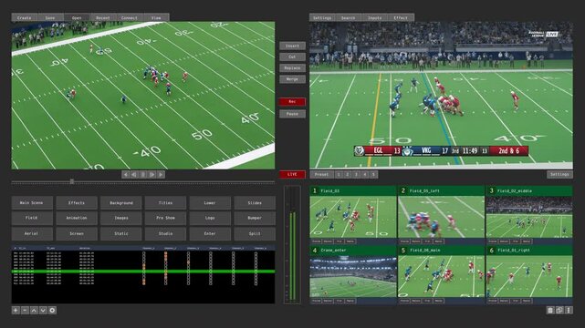 Sports News TV Broadcast Interface with American Football Championship Live Stream. Screen Replacement Template for Director's Technical Panel on a Sports Television Network