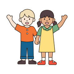 KIDS HOLDING HANDS UP children illustration simple outline drawing character doodle diverse race and ethnicity people cute kawaii style