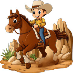 A Cartoon Cowboy Riding a Horse Through a Canyon Isolated on Transparent Background
