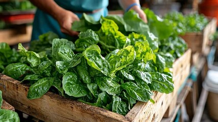 Close-up view of fresh green spinach leaves in rustic wooden crate.  A person's hands are gently arranging the vibrant greens. Natural lighting enhances the fresh, healthy look - Powered by Adobe