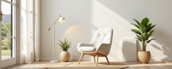 single chair and lamp setup, quiet reading corner, 3d illustration, soft background, natural daylight