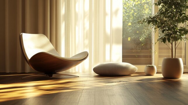 Comfortable living room with modern furniture and natural sunlight streaming through large windows in a cozy home setting