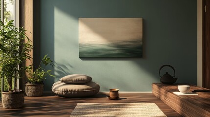 Relaxing interior design with minimalist decor and natural elements in a cozy living space