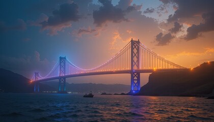 Fototapeta premium Illuminated Bridge at Sunset: A Stunning Bay Area Landscape