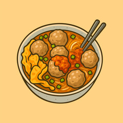 Meatball soup with noodle and chopstick